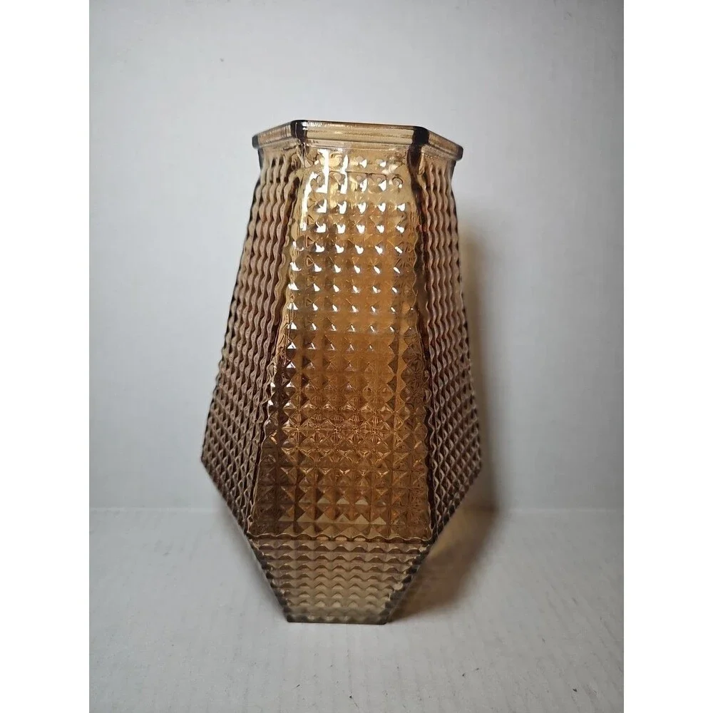 Vintage MCM Amber Hexagon Textured Vase